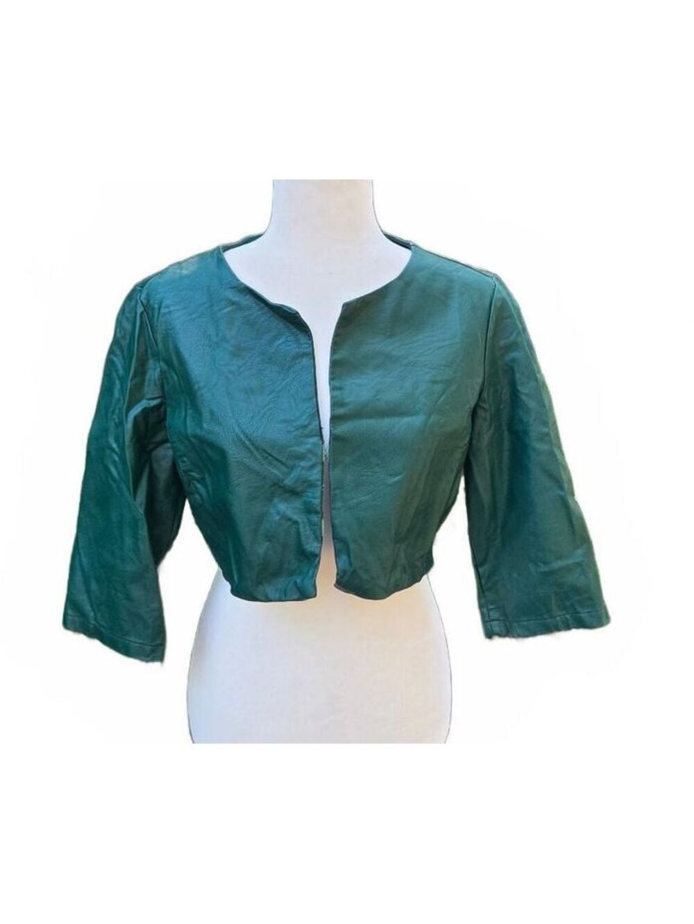 Rinascimento Dark Green Faux Leather Open Front Crop Bolero Jacket Y2K Size L